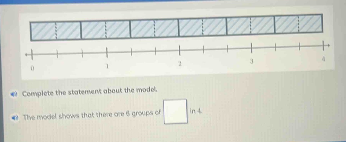 complete the statement about the model. the model shows that there are 6 groups of in 4.