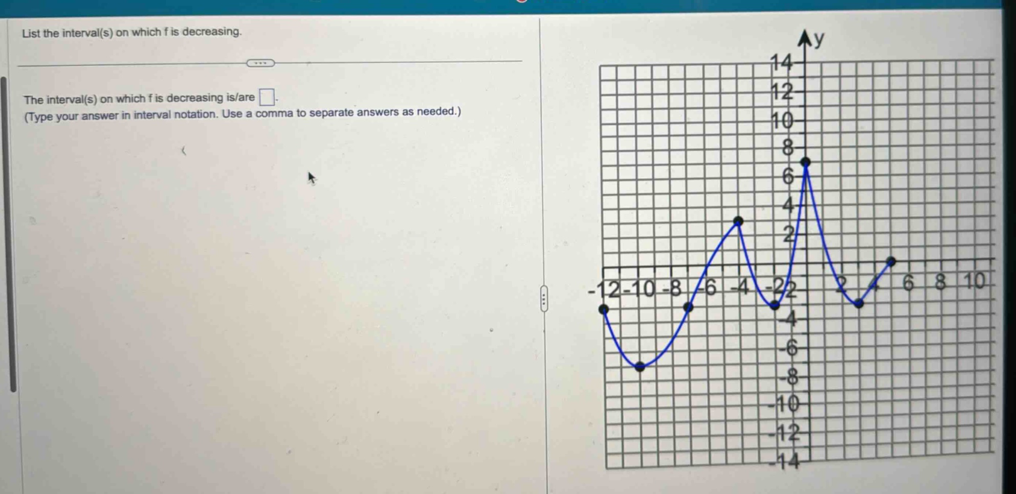 list the interval(s) on which f is decreasing. the interval(s) on which f is decreasing is/are . (type your answer in interval notation. use a comma to separate answers as needed.)