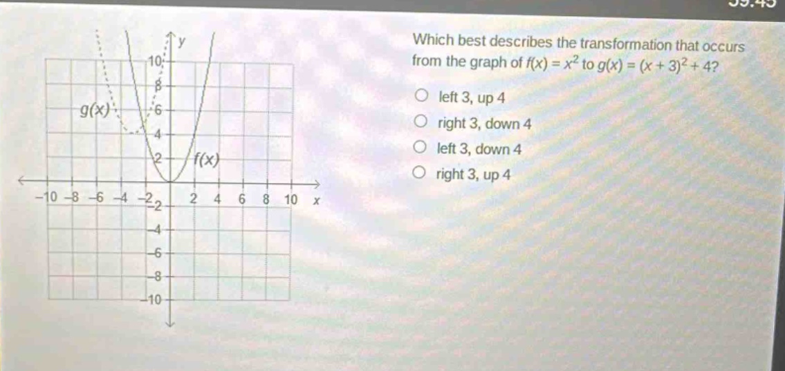 which best describes the transformation that occurs from the graph of f(x) = x² to g(x) = (x + 3)²+ 4? left 3, up 4 right 3, down 4 left 3, down 4 right 3, up 4