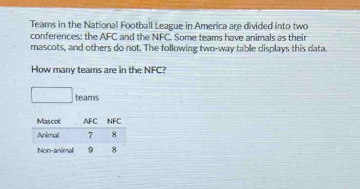 teams in the national football league in america are divided into two conferences: the afc and the nfc. some teams have animals as their mascots, and others do not. the following two - way table displays this data. how many teams are in the nfc? teams mascot afc nfc animal 7 8 non - animal 9 8