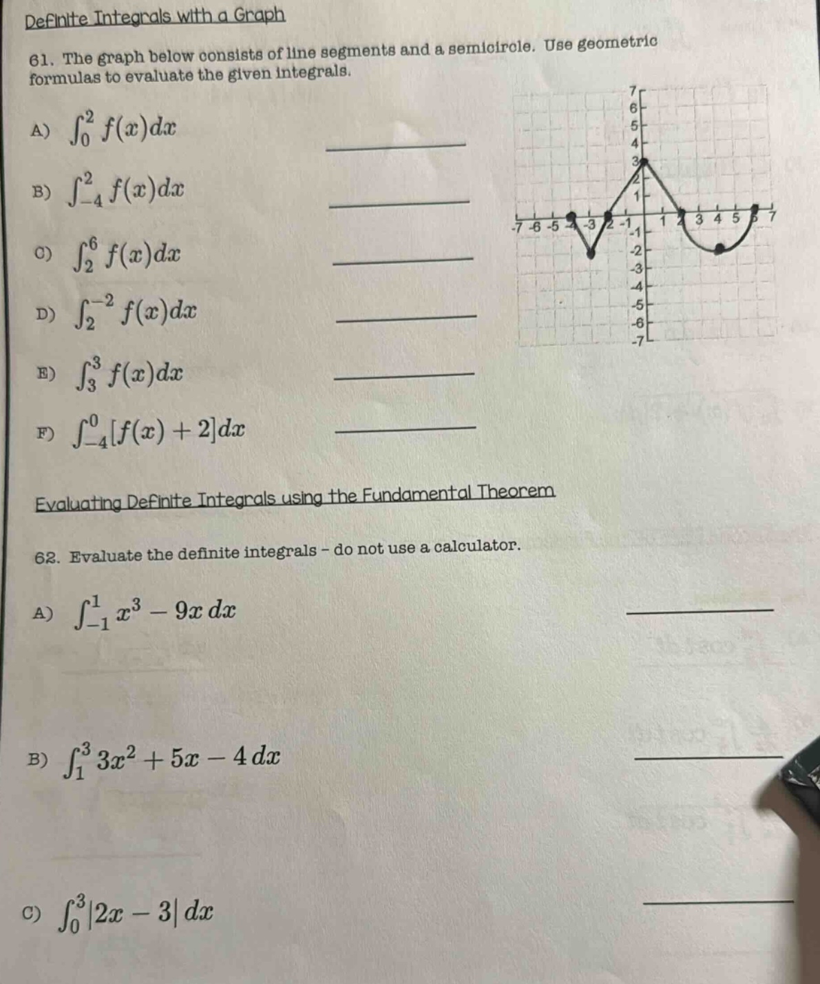definite integrals with a graph\n61. the graph below consists of line segments and a semi - circle. use geometric formulas to evaluate the given integrals.\na) ∫₀² f(x)dx\nb) ∫₋₄² f(x)dx\nc) ∫₂⁶ f(x)dx\nd) ∫₂⁻² f(x)dx\ne) ∫₃³ f(x)dx\nf) ∫₋₄⁰ f(x)+2dx\nevaluating definite integrals using the fundamental theorem\n62. evaluate the definite integrals - do not use a calculator.\na) ∫₋₁¹ x³ - 9x dx\nb) ∫₁³ 3x² + 5x - 4 dx\nc) ∫₀³ |2x - 3| dx