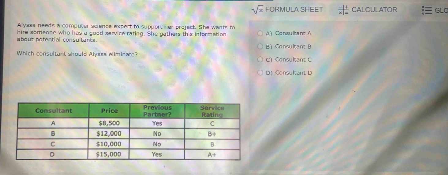 alyssa needs a computer science expert to support her project. she wants to hire someone who has a good service rating. she gathers this information about potential consultants. which consultant should alyssa eliminate? consultant price previous partner? service rating a $8,500 yes c b $12,000 no b+ c $10,000 no b d $15,000 yes a+