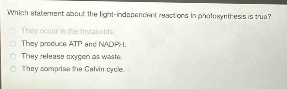 which statement about the light - independent reactions in photosynthesis is true? they occur in the thylakoids. they produce atp and nadph. they release oxygen as waste. they comprise the calvin cycle.