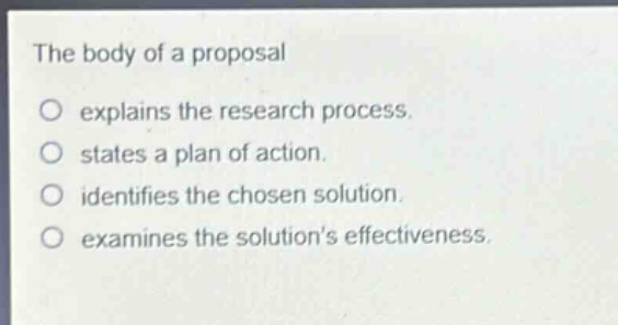the body of a proposal\no explains the research process.\no states a plan of action.\no identifies the chosen solution.\no examines the solutions effectiveness.