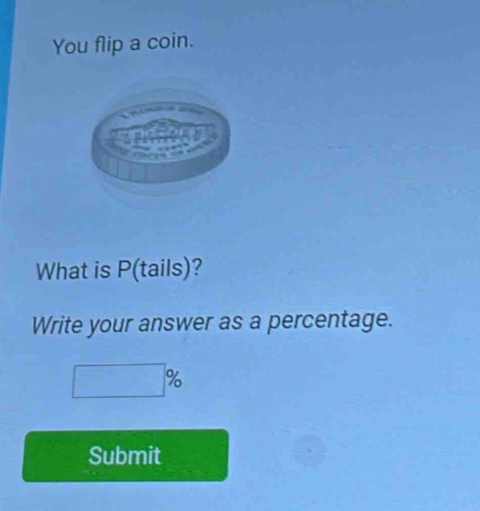 you flip a coin. what is p(tails)? write your answer as a percentage. % submit