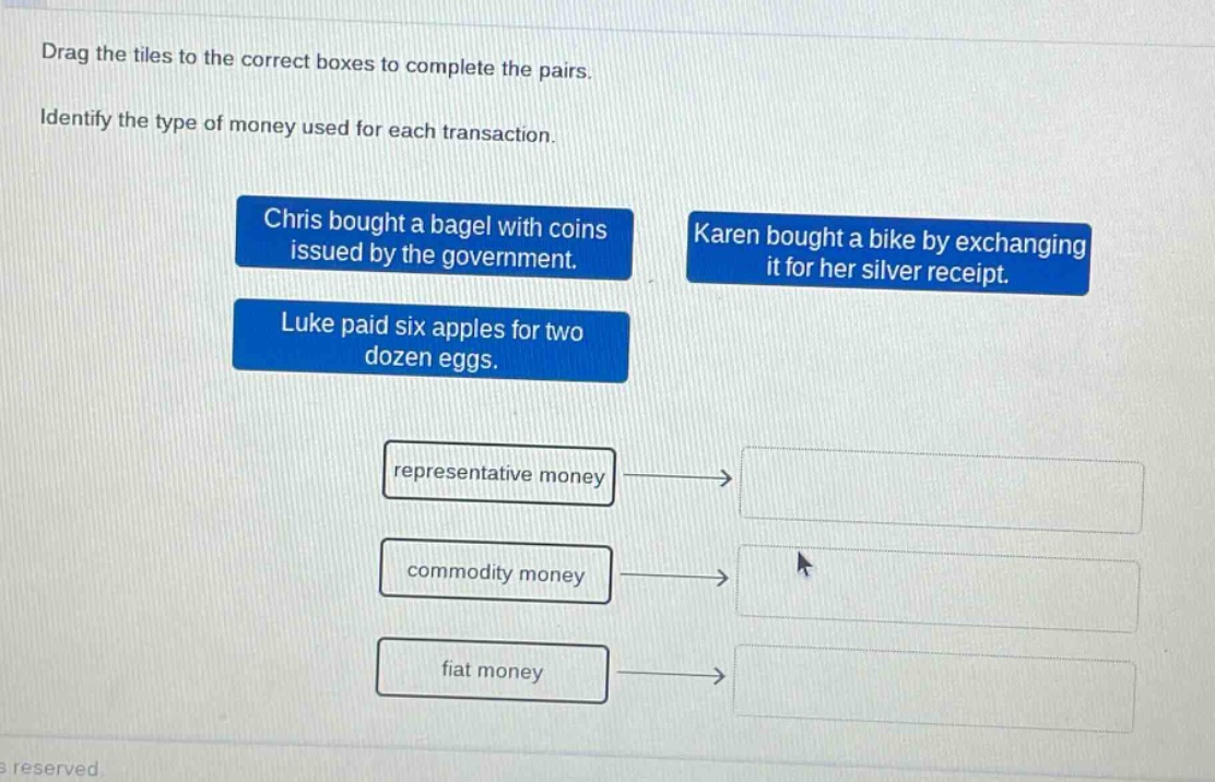 drag the tiles to the correct boxes to complete the pairs. identify the type of money used for each transaction. chris bought a bagel with coins issued by the government. karen bought a bike by exchanging it for her silver receipt. luke paid six apples for two dozen eggs. representative money commodity money fiat money