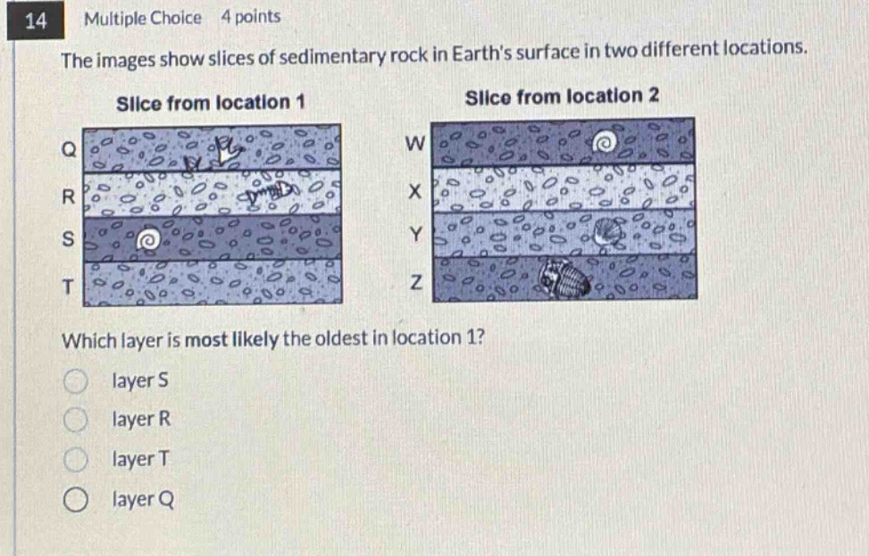 14 multiple choice 4 points the images show slices of sedimentary rock in earths surface in two different locations. slice from location 1 slice from location 2 q w r x s y t z which layer is most likely the oldest in location 1? layer s layer r layer t layer q