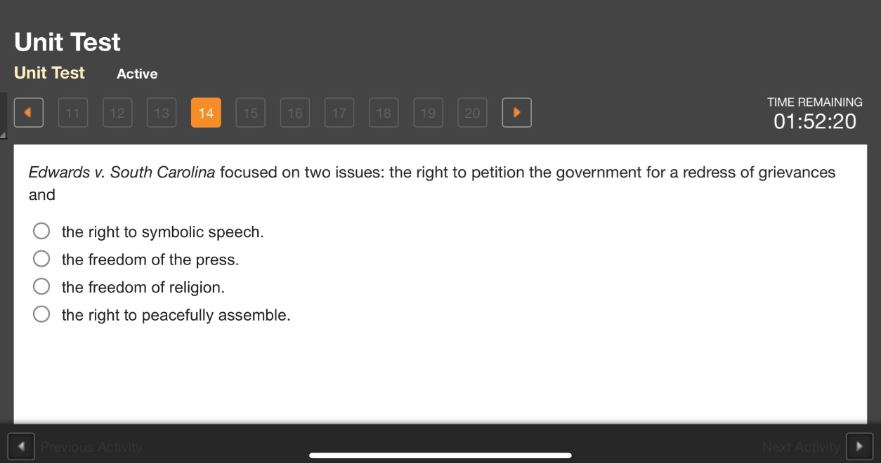 edwards v. south carolina focused on two issues: the right to petition the government for a redress of grievances and the right to symbolic speech. the freedom of the press. the freedom of religion. the right to peacefully assemble.