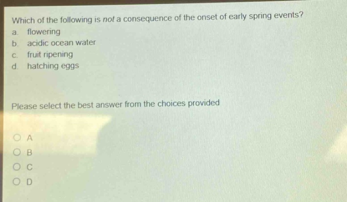 which of the following is not a consequence of the onset of early spring events? a. flowering b. acidic ocean water c. fruit ripening d. hatching eggs please select the best answer from the choices provided