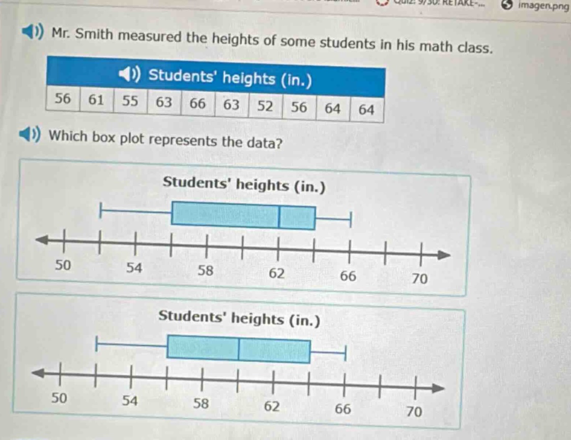 mr. smith measured the heights of some students in his math class. students heights (in.) 56 61 55 63 66 63 52 56 64 64 which box plot represents the data? students heights (in.) students heights (in.)