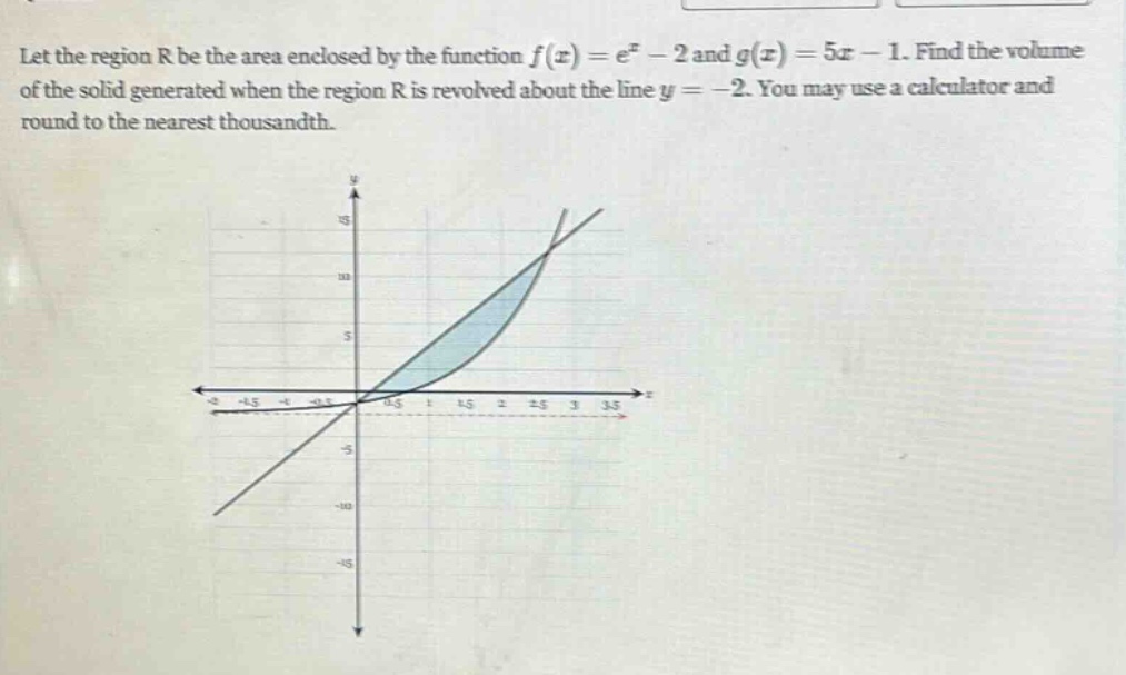 let the region r be the area enclosed by the function f(x)=e^x - 2 and g(x)=5x - 1. find the volume of the solid generated when the region r is revolved about the line y = -2. you may use a calculator and round to the nearest thousandth.