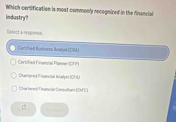 which certification is most commonly recognized in the financial industry? select a response. certified business analyst (cba) certified financial planner (cfp) chartered financial analyst (cfa) chartered financial consultant (chfc)