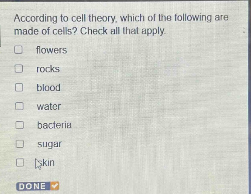 according to cell theory, which of the following are made of cells? check all that apply. flowers rocks blood water bacteria sugar skin