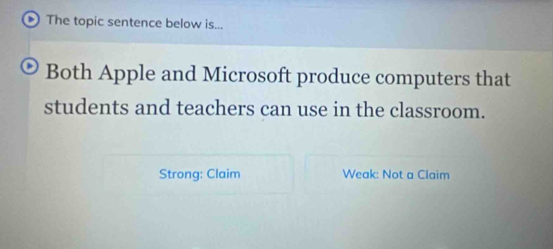 the topic sentence below is... both apple and microsoft produce computers that students and teachers can use in the classroom. strong: claim weak: not a claim