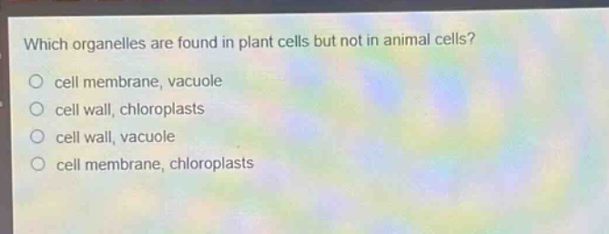 which organelles are found in plant cells but not in animal cells?\ncell membrane, vacuole\ncell wall, chloroplasts\ncell wall, vacuole\ncell membrane, chloroplasts