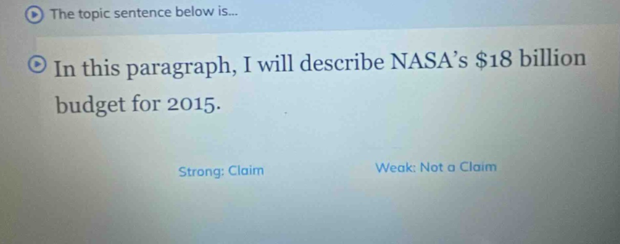 the topic sentence below is... in this paragraph, i will describe nasa’s $18 billion budget for 2015. strong: claim weak: not a claim