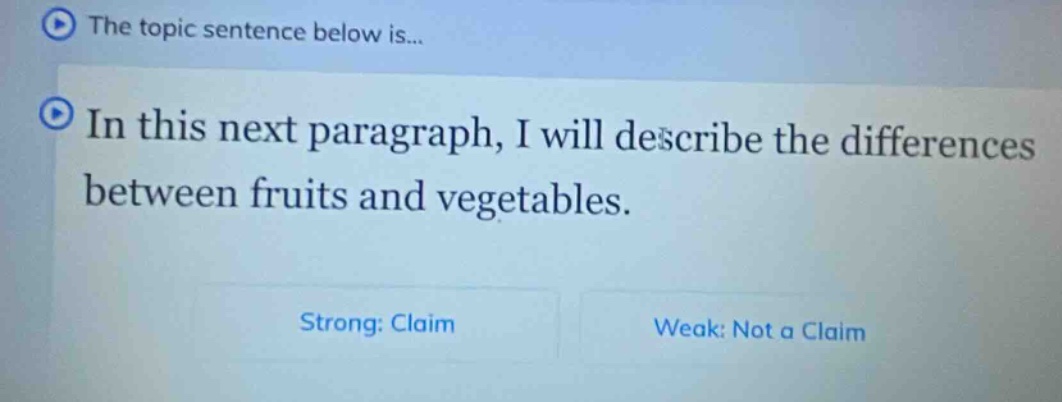 the topic sentence below is... in this next paragraph, i will describe the differences between fruits and vegetables. strong: claim weak: not a claim