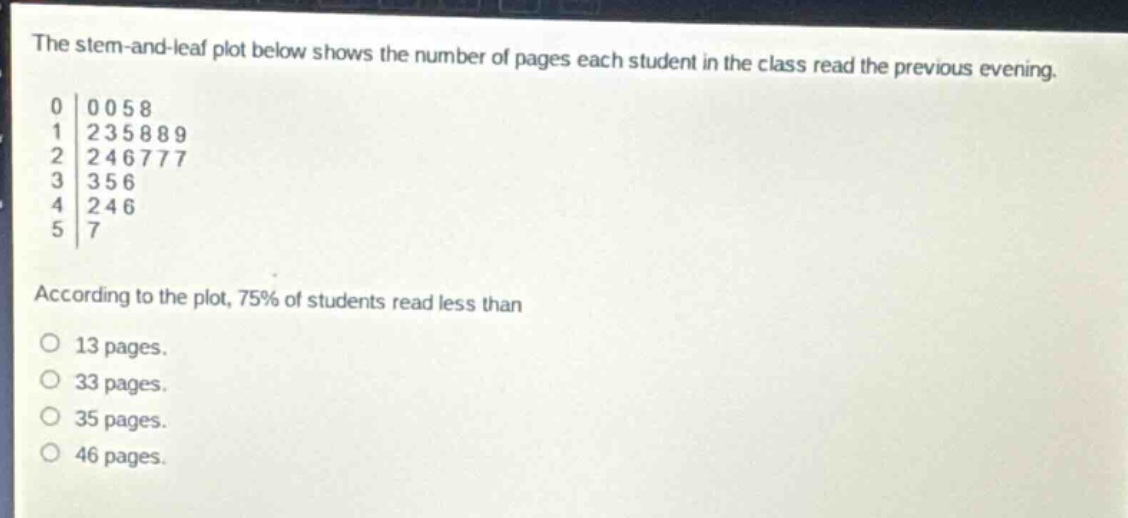 the stem - and - leaf plot below shows the number of pages each student in the class read the previous evening. 0|0058 1|235889 2|246777 3|356 4|246 5|7 according to the plot, 75% of students read less than 13 pages. 33 pages. 35 pages. 46 pages.