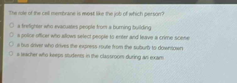 the role of the cell membrane is most like the job of which person?\n a firefighter who evacuates people from a burning building\n a police officer who allows select people to enter and leave a crime scene\n a bus driver who drives the express route from the suburb to downtown\n a teacher who keeps students in the classroom during an exam