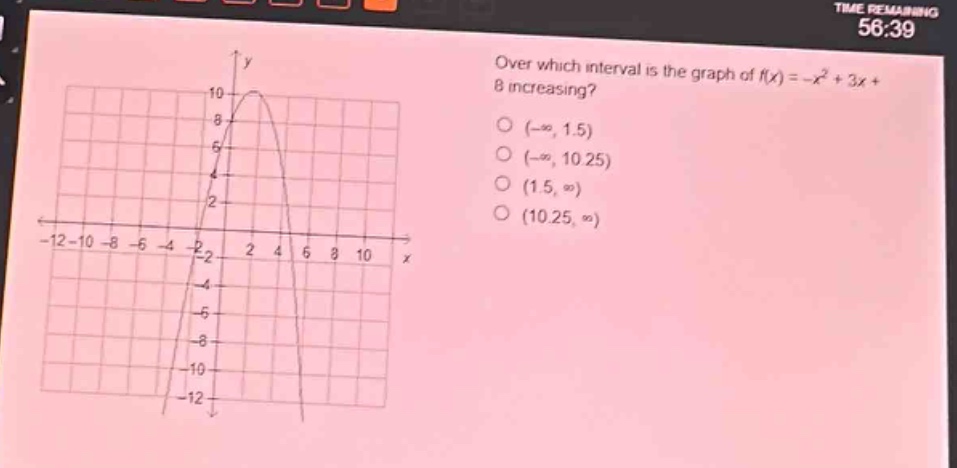 over which interval is the graph of f(x)=-x² + 3x + 8 increasing? (-∞, 1.5) (-∞, 10.25) (1.5, ∞) (10.25, ∞)