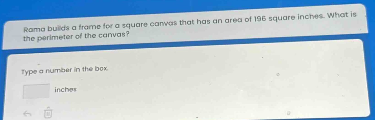 rama builds a frame for a square canvas that has an area of 196 square inches. what is the perimeter of the canvas? type a number in the box. inches