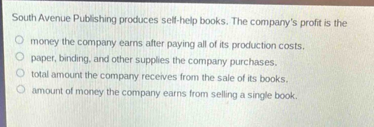 south avenue publishing produces self - help books. the companys profit is the money the company earns after paying all of its production costs. paper, binding, and other supplies the company purchases. total amount the company receives from the sale of its books. amount of money the company earns from selling a single book.
