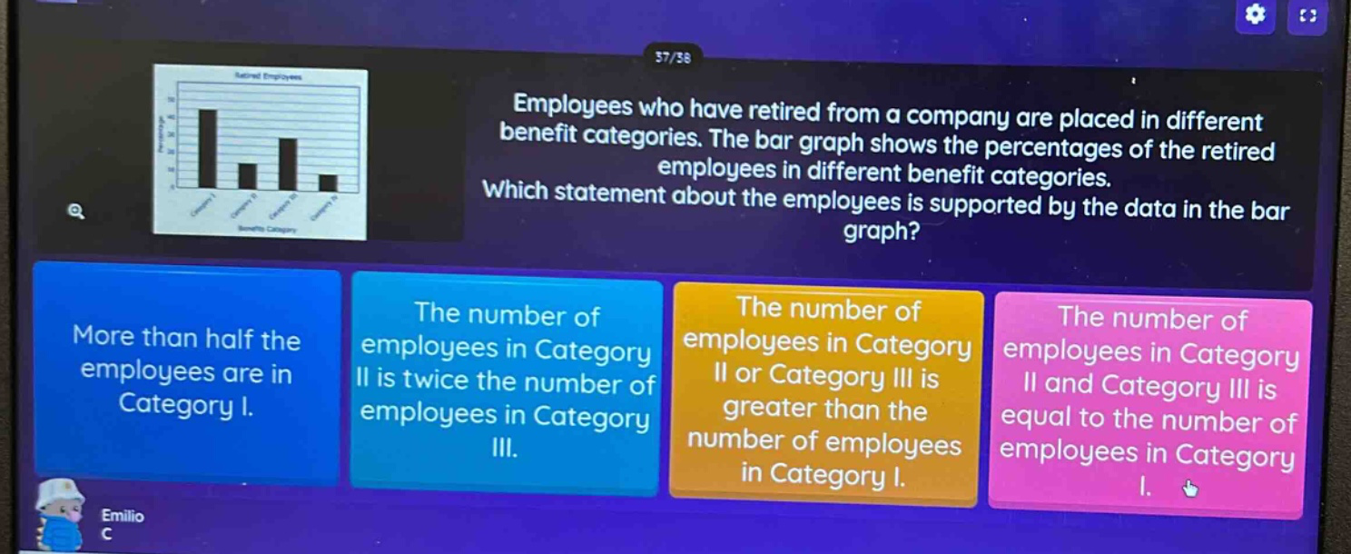 employees who have retired from a company are placed in different benefit categories. the bar graph shows the percentages of the retired employees in different benefit categories. which statement about the employees is supported by the data in the bar graph? more than half the employees are in category i. the number of employees in category ii is twice the number of employees in category iii. the number of employees in category ii or category iii is greater than the number of employees in category i. the number of employees in category ii and category iii is equal to the number of employees in category i.