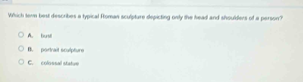 which term best describes a typical roman sculpture depicting only the head and shoulders of a person?\na. bust\nb. portrait sculpture\nc. colossal statue