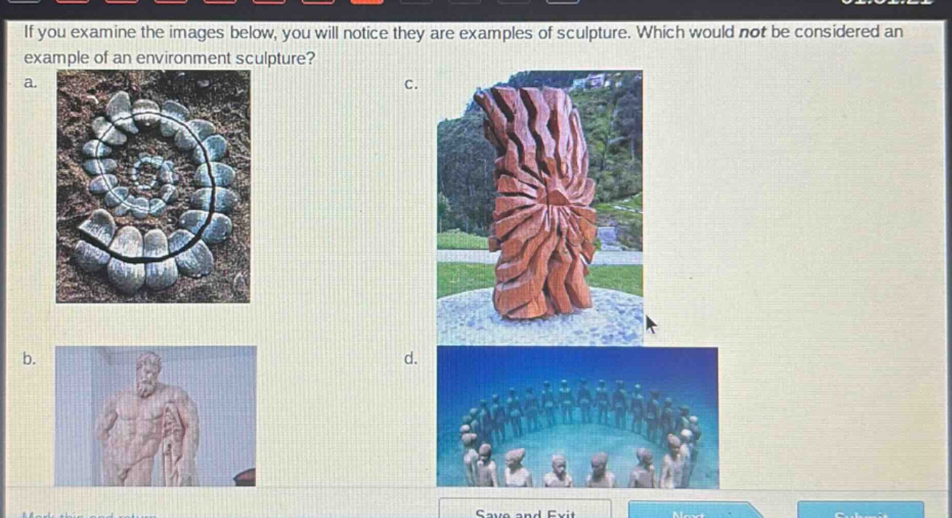 if you examine the images below, you will notice they are examples of sculpture. which would not be considered an example of an environment sculpture? a. b. c. d.