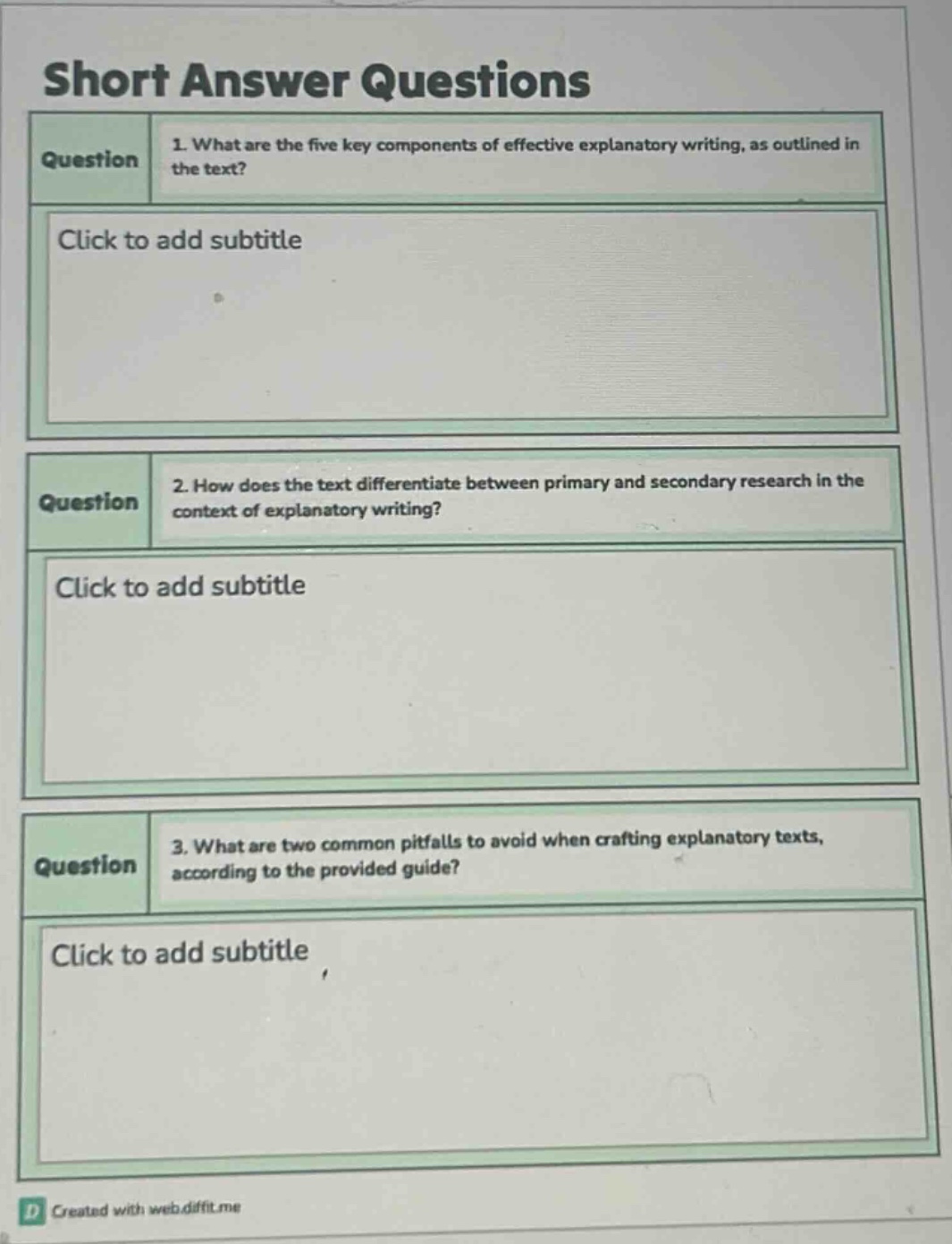 short answer questions\nquestion 1. what are the five key components of effective explanatory writing, as outlined in the text?\nclick to add subtitle\nquestion 2. how does the text differentiate between primary and secondary research in the context of explanatory writing?\nclick to add subtitle\nquestion 3. what are two common pitfalls to avoid when crafting explanatory texts, according to the provided guide?\nclick to add subtitle