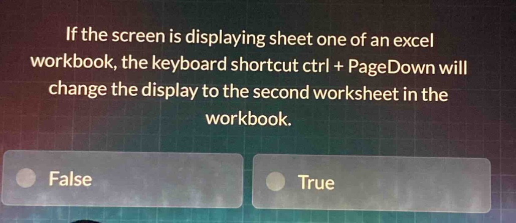 if the screen is displaying sheet one of an excel workbook, the keyboard shortcut ctrl + pagedown will change the display to the second worksheet in the workbook. false true