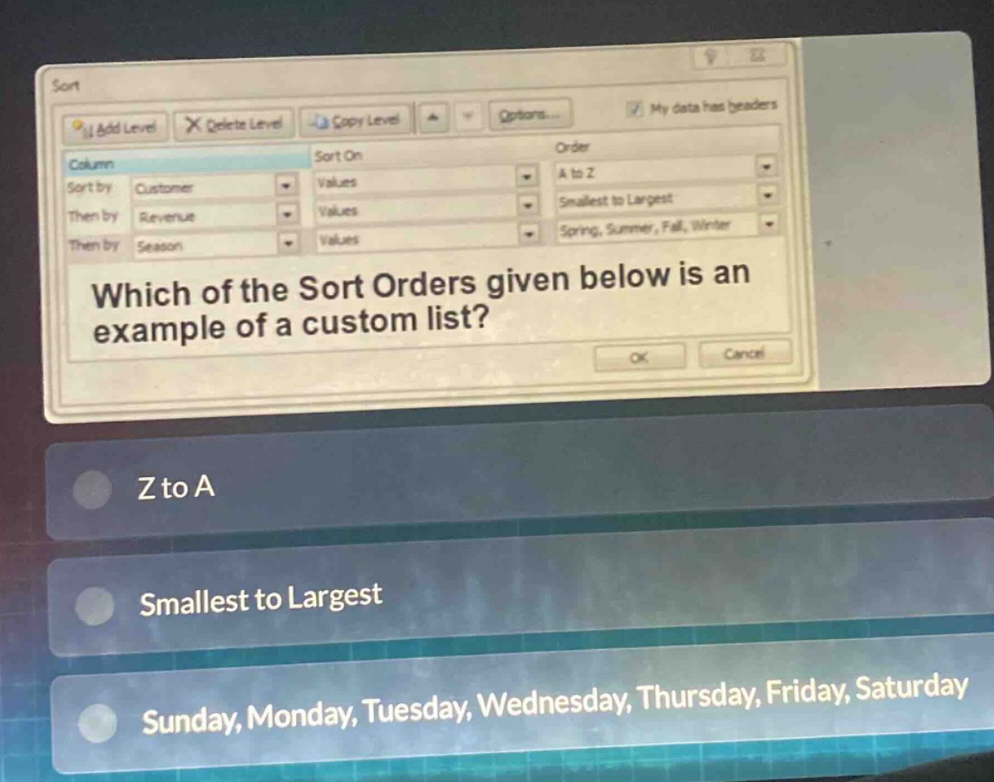 which of the sort orders given below is an example of a custom list? z to a smallest to largest sunday, monday, tuesday, wednesday, thursday, friday, saturday