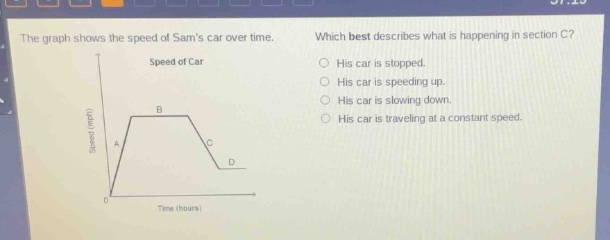 the graph shows the speed of sams car over time. which best describes what is happening in section c? speed of car his car is stopped. his car is speeding up. his car is slowing down. his car is traveling at a constant speed. speed (mph) b a c d 0 time (hours)
