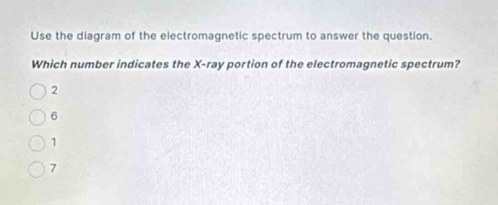 use the diagram of the electromagnetic spectrum to answer the question. which number indicates the x - ray portion of the electromagnetic spectrum? 2 6 1 7
