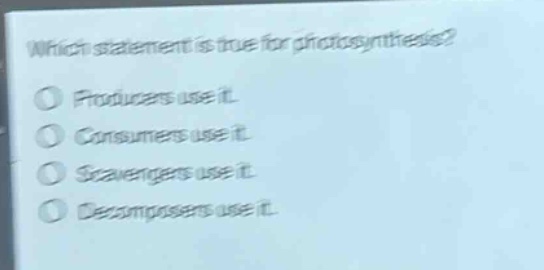 which statement is true for photosynthesis? producers use it. consumers use it. scavengers use it. decomposers use it.