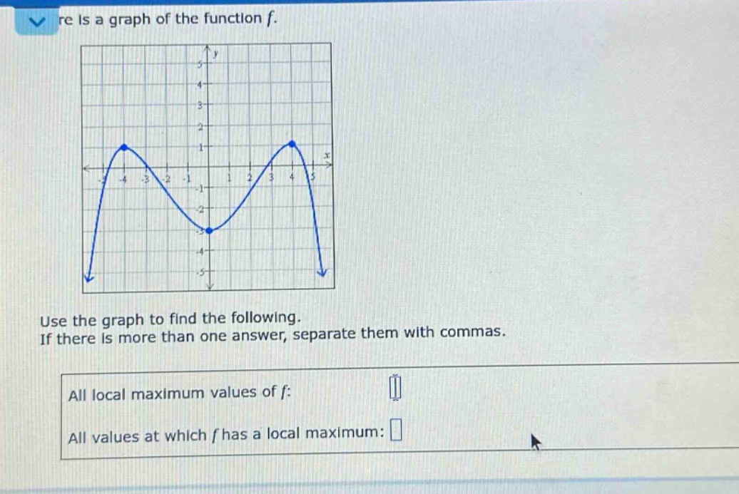re is a graph of the function f. use the graph to find the following. if there is more than one answer, separate them with commas. all local maximum values of f: all values at which f has a local maximum: