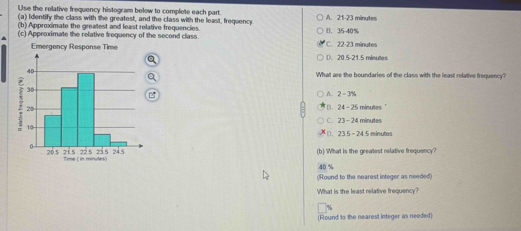 use the relative frequency histogram below to complete each part. (a) identify the class with the greatest, and the class with the least, frequency. (b) approximate the greatest and least relative frequencies. (c) approximate the relative frequency of the second class. emergency response time what are the boundaries of the class with the least relative frequency? (b) what is the greatest relative frequency? 40 % (round to the nearest integer as needed) what is the least relative frequency? % (round to the nearest integer as needed)