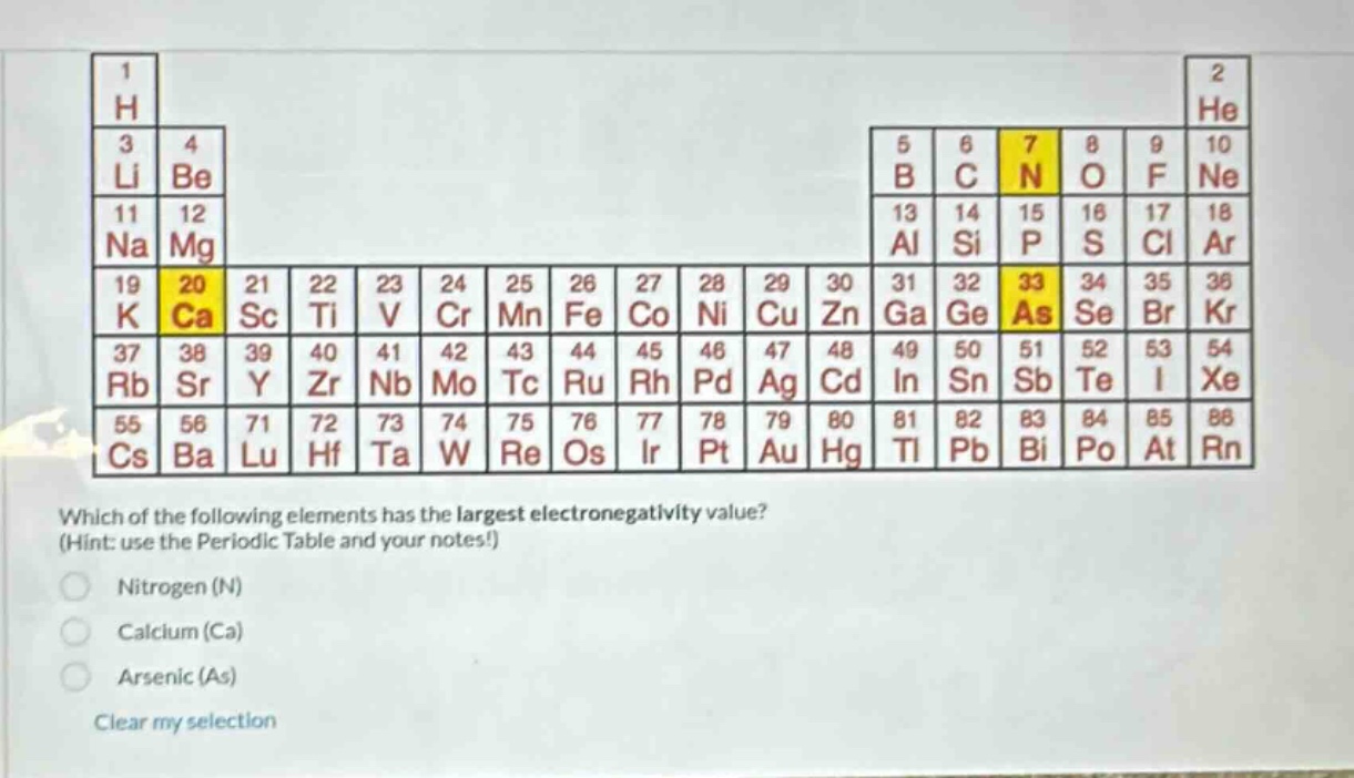 which of the following elements has the largest electronegativity value? (hint: use the periodic table and your notes!) nitrogen (n) calcium (ca) arsenic (as) clear my selection