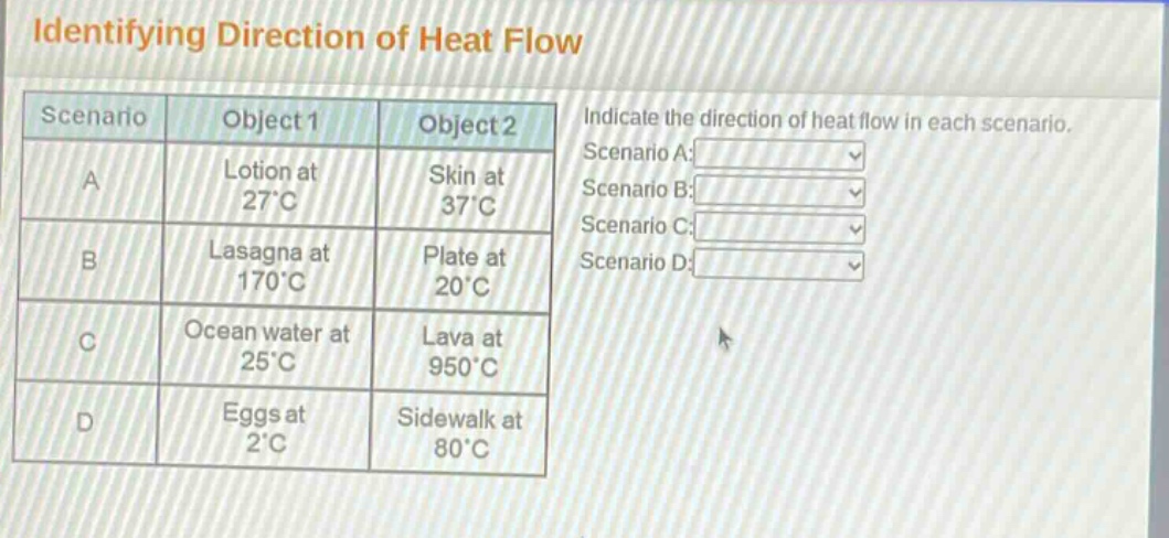 identifying direction of heat flow\nindicate the direction of heat flow in each scenario.\nscenario a:\nscenario b:\nscenario c:\nscenario d:\nscenario object 1 object 2\na lotion at 27°c skin at 37°c\nb lasagna at 170°c plate at 20°c\nc ocean water at 25°c lava at 950°c\nd eggs at 2°c sidewalk at 80°c