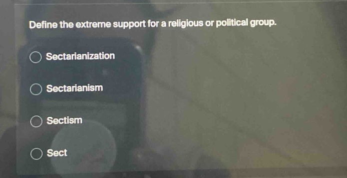 define the extreme support for a religious or political group. sectarianization sectarianism sectism sect