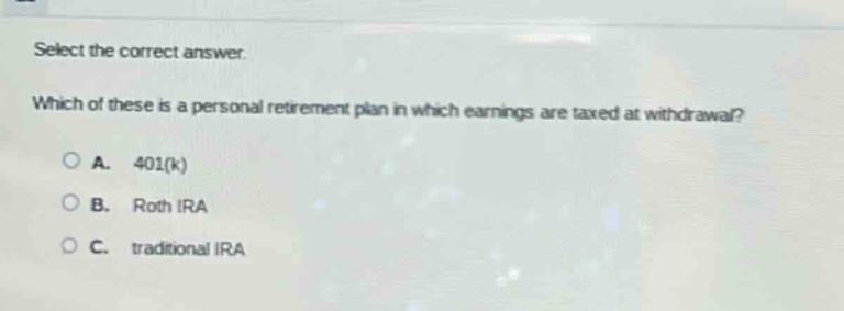 select the correct answer. which of these is a personal retirement plan in which earnings are taxed at withdrawal? a. 401(k) b. roth ira c. traditional ira