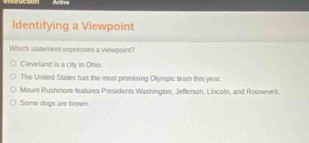 identifying a viewpoint\nwhich statement expresses a viewpoint?\ncleveland is a city in ohio.\nthe united states has the most promising olympic team this year.\nmount rushmore features presidents washington, jefferson, lincoln, and roosevelt.\nsome dogs are brown.