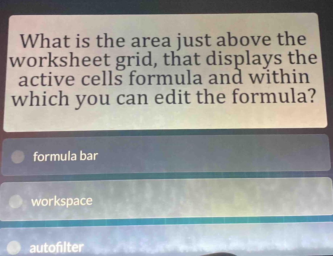 what is the area just above the worksheet grid, that displays the active cells formula and within which you can edit the formula? formula bar workspace autofilter