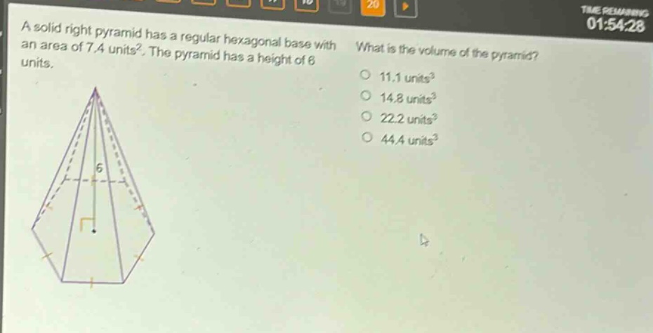 a solid right pyramid has a regular hexagonal base with an area of 7.4 units². the pyramid has a height of 6 units. what is the volume of the pyramid? 11.1 units³ 14.8 units³ 22.2 units³ 44.4 units³