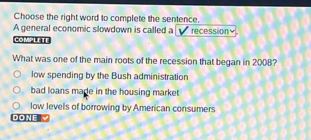 choose the right word to complete the sentence. a general economic slowdown is called a recession. complete what was one of the main roots of the recession that began in 2008? low spending by the bush administration bad loans made in the housing market low levels of borrowing by american consumers done