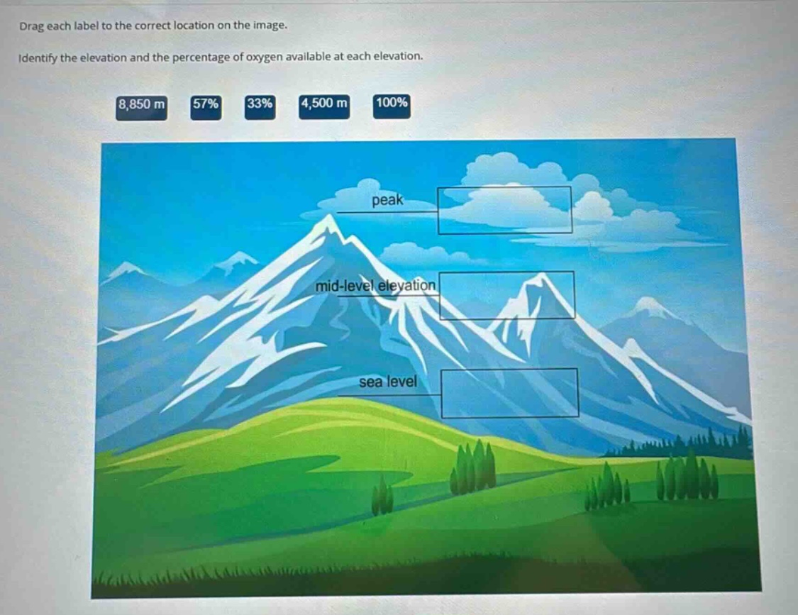 drag each label to the correct location on the image. identify the elevation and the percentage of oxygen available at each elevation. 8,850 m 57% 33% 4,500 m 100% peak mid - level elevation sea level