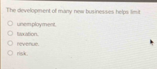 the development of many new businesses helps limit\nunemployment.\ntaxation.\nrevenue.\nrisk.