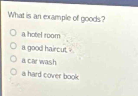 what is an example of goods?\no a hotel room\no a good haircut\no a car wash\no a hard cover book