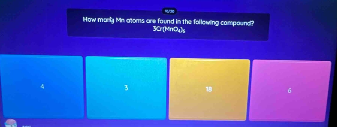 how many mn atoms are found in the following compound? 3cr(mno4)6