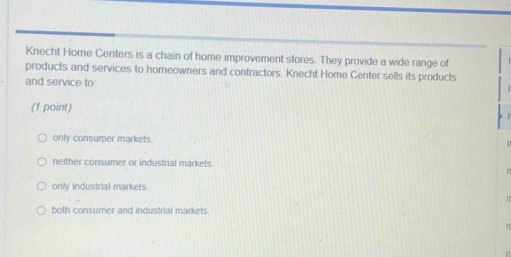 knecht home centers is a chain of home improvement stores. they provide a wide range of products and services to homeowners and contractors. knecht home center sells its products and service to: (1 point) only consumer markets. neither consumer or industrial markets. only industrial markets. both consumer and industrial markets.